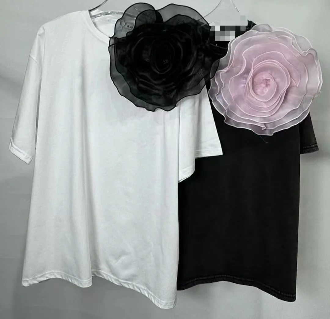 2024 Round Neck Short Sleeve Tshirt Three-Dimensional Big Flower Decorative Pin Loose T-shirt for Women Cotton Tops Tees