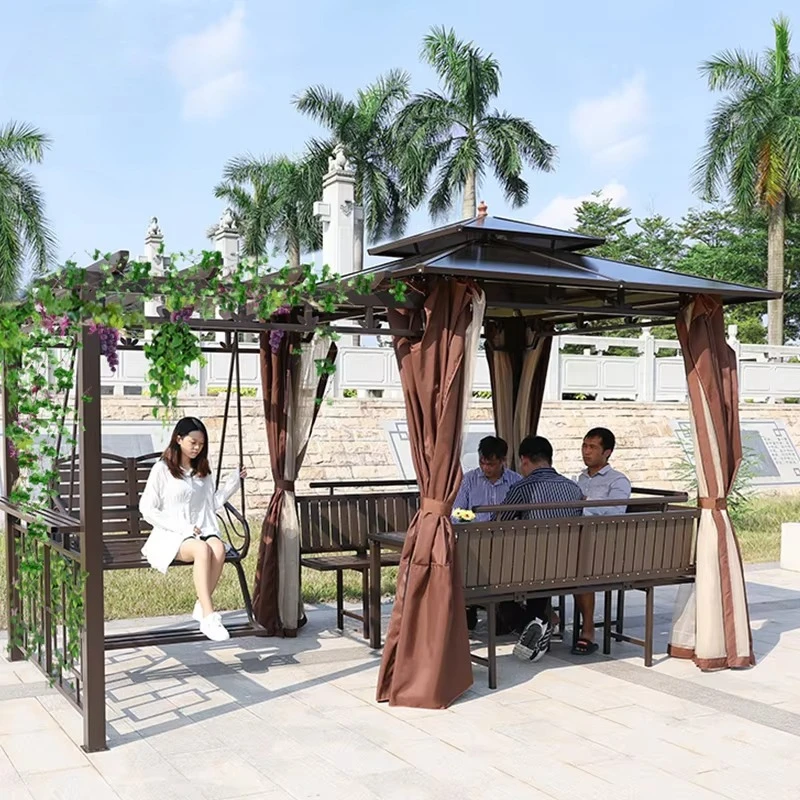 Juego de muebles de exterior para terraza, cenador metálico de aluminio 3x3, cenador exterior con techo de PVC