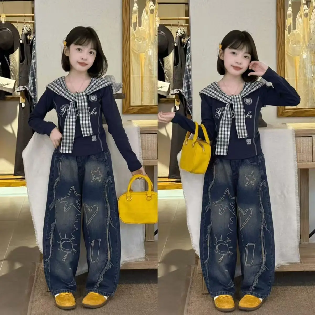 

Girls' Autumn Set 2025 New Loose Embroidered Jeans Sweet Cool Western Style Casual Shawl Long Sleeve Top Trendy