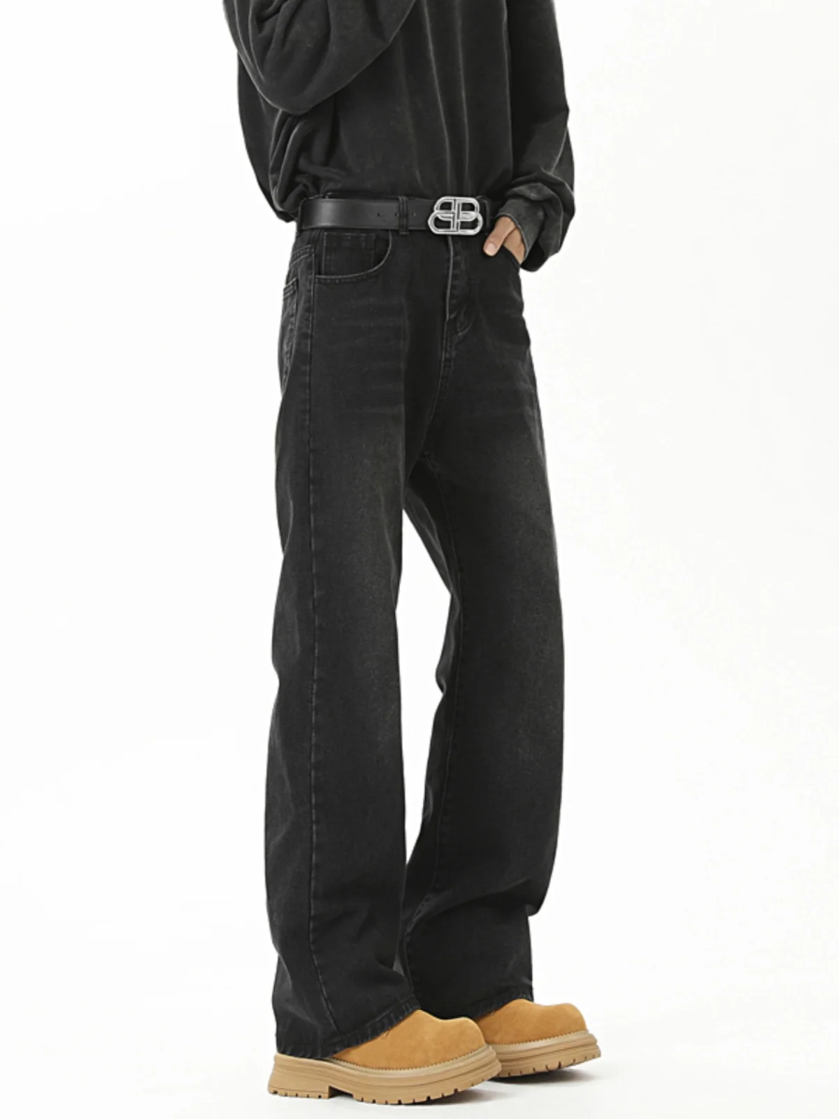 

Bla Cleanfit Men's Denim Jeans mid Waist Straight Leg High Street Waed out Micro Flared Long Trousers Trendy Loose Fit