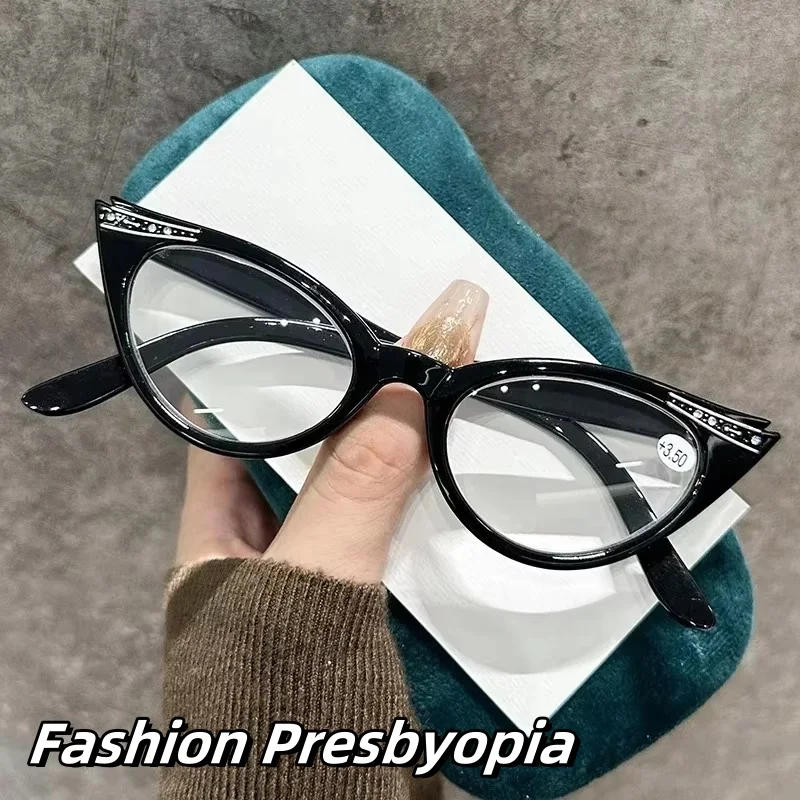 

New Diamond Cat Eye Presbyopia Glasses Spring Fashion Men Women Reading Glasses Luxury Blue Light Blocking Far Sight Goggle