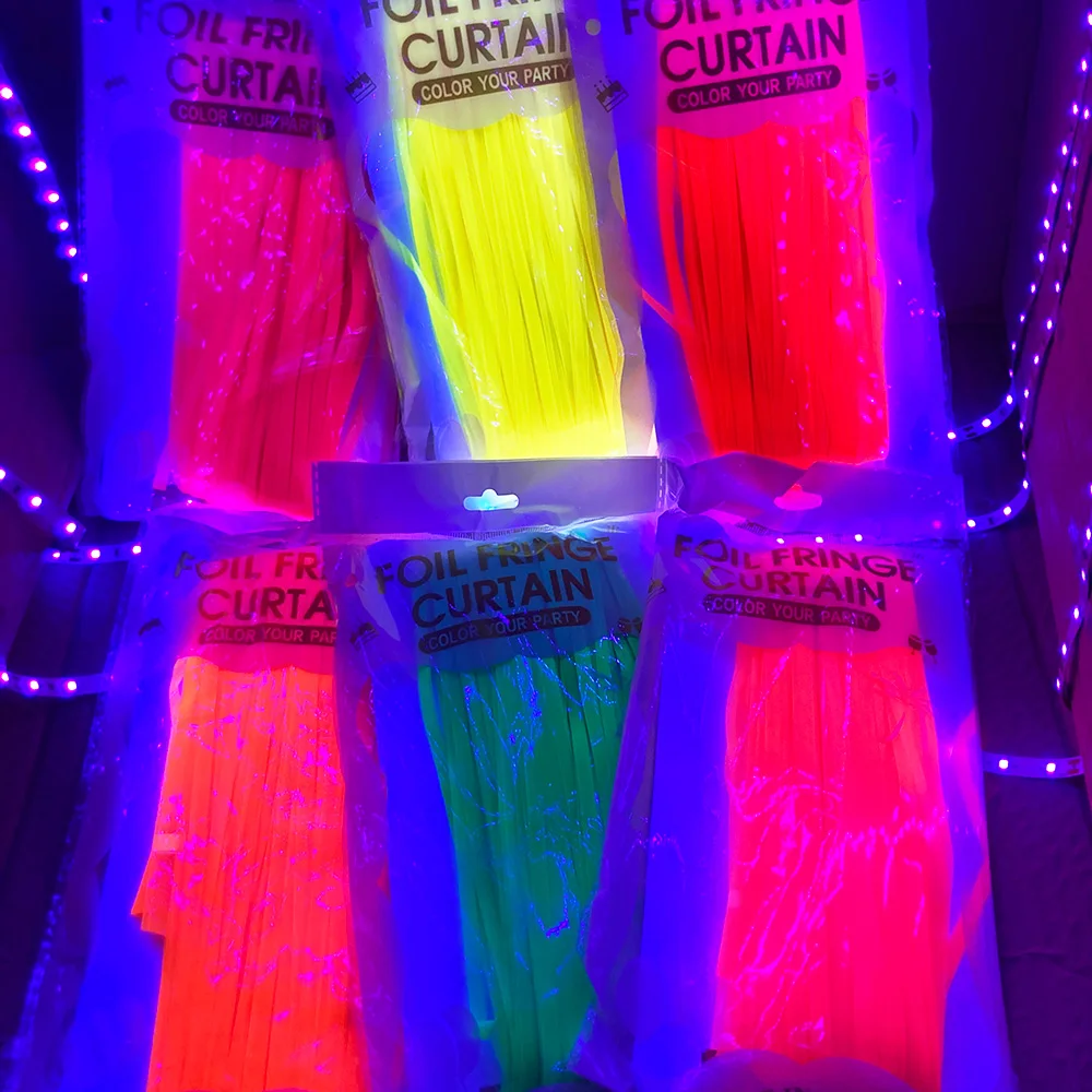 Neon Party Colorful Foil Fringe Curtain Backdrop Glow in The Dark Neon Curtain Bachelorette Fiesta Festa Glow Party Decorations