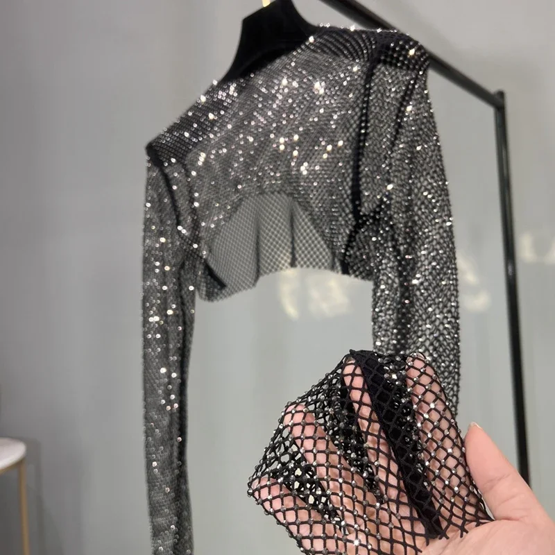 Saliency Summer Colorful Diamonds Top Sexy Mesh Hollow Out Long Sleeve Crop Top Glitter Party Shirt