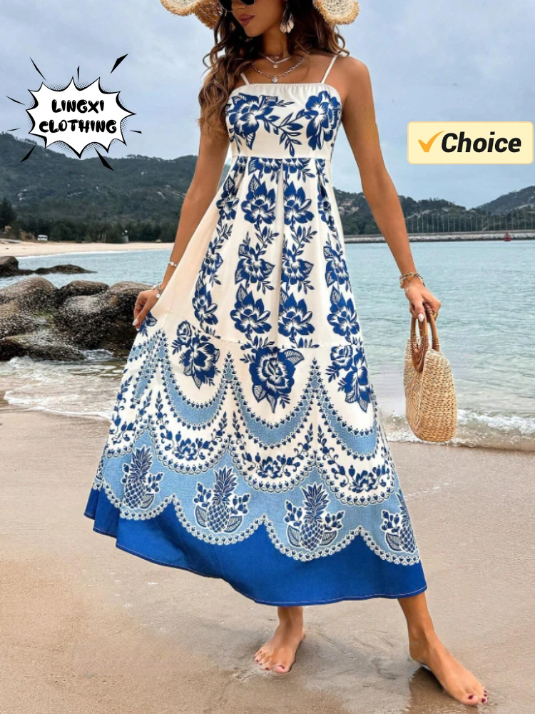 2024 Summer Fashion New Elegant Women\'s Printed Dress Beach Vacation Sling Ethnic Party Women\'s A-line Long Dress