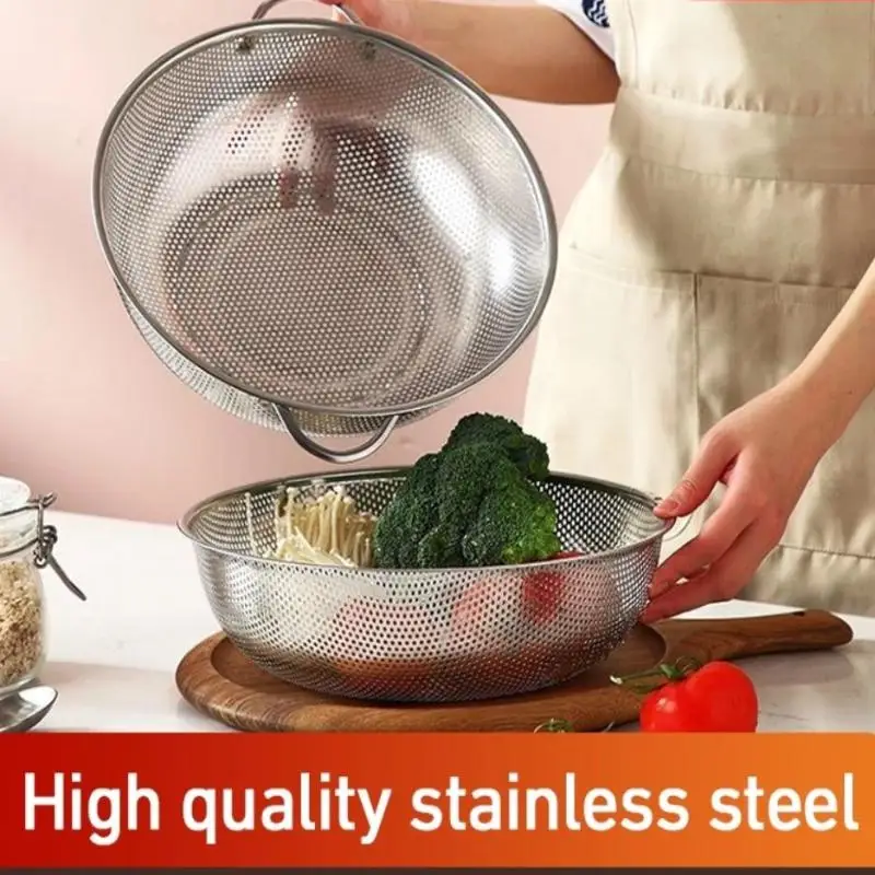 Stainless Steel Kitchen Dense Mesh Hole Colander Sieve Strainer Basket For Rice Vegetable Fruit