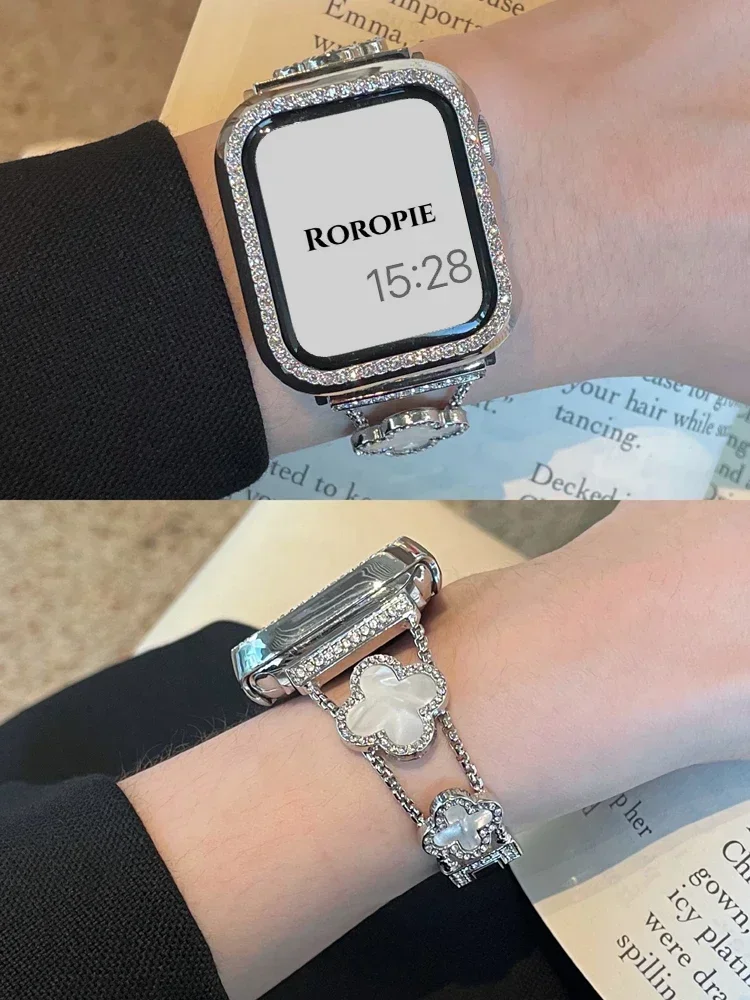 حزام معدني + حافظة لساعة أبل Ultra2 49 مللي متر 46 44 45 42 40 38 سلسلة 10 9 8 7 SE 6 سوار الماس النسائي أربع أوراق البرسيم