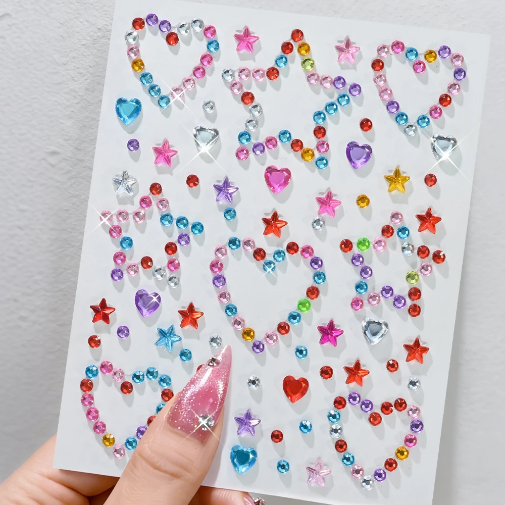 6 Stück/Set 5D gemischte bunte Diamant-Gesichtsstein-Aufkleber, glitzernde Sterne/Herzen/Blumen/Tropfen-Design-Strass für Augen/Gesichtsaufkleber – Detail 3