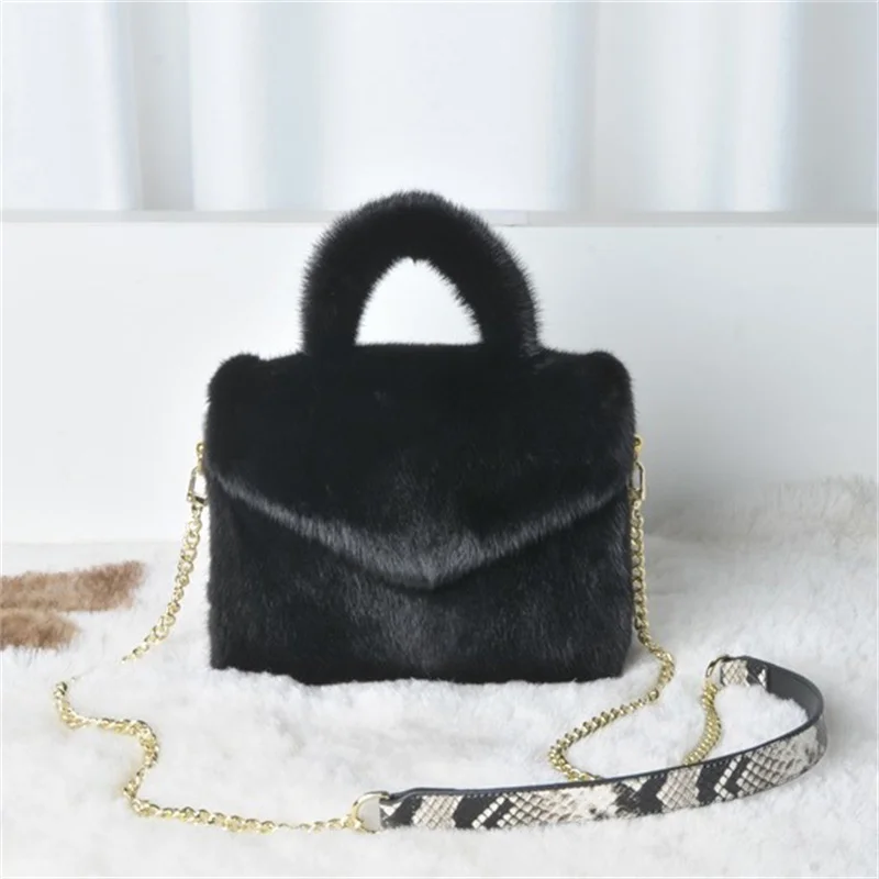 New Luxury Whole Mink Leather Handbag, Cowhide Snake Design Chain Crossbody Bag, Classic Soft Handle Furry Wrist Bag