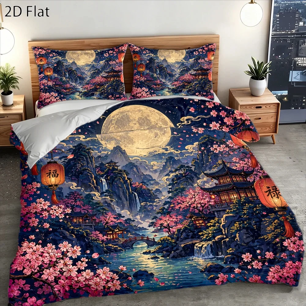 3-Piece New Chinese-Style Landscape and Floral Moonlight Night Quilt Cover Set, Three-Piece Bedding Set (1*Quilt Cover + 2*Pillowcases), Suitable for All Seasons, Machine Washable, Invisible Zipper Personal Bed Cover, Suitable for Home, Dormitory, Master Bedroom, Guest Room, Large Chinese-Style Cherry Blossom and Ancient Lantern Bedding, National Trend Landscape Print Bedding Set, Soft, Skin-Friendly, Breathable Three-Piece Bedding Set