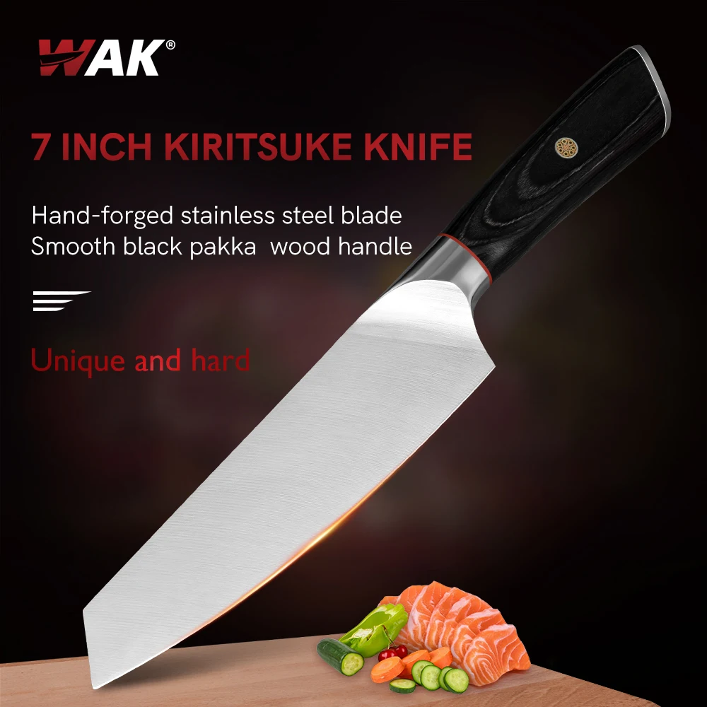 WAK 7\'\' Kiritsuke Knife Stainless Steel Japanese Chef Kiritsuke Knife Full Tang Knife with Black Pakka Wood Handle