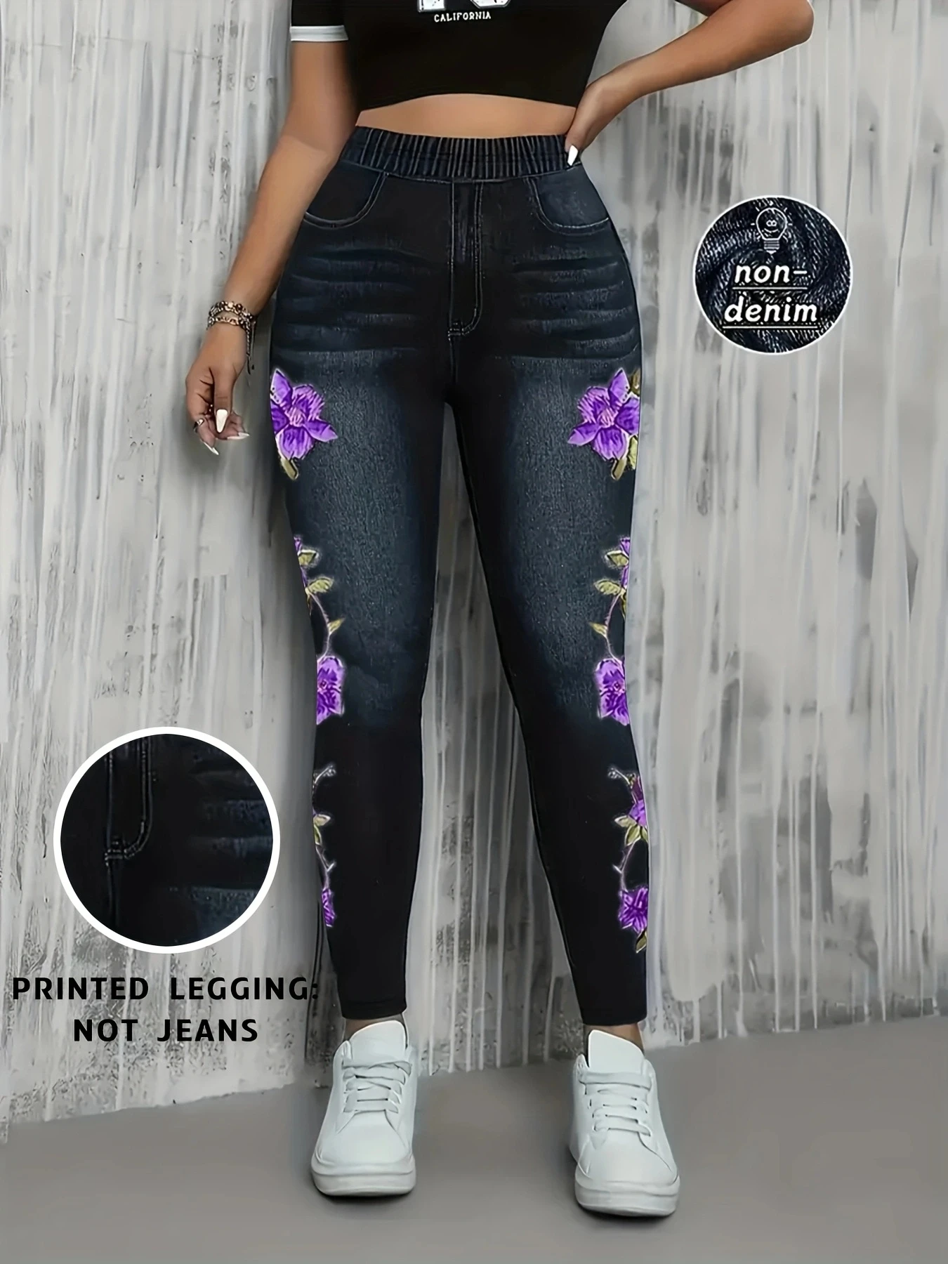 Women Printed Leggings Not Denim Fabric, Fake Pocket & Button Print Design Pants, High Elastic Fashion Slim Fit Skinny Casual