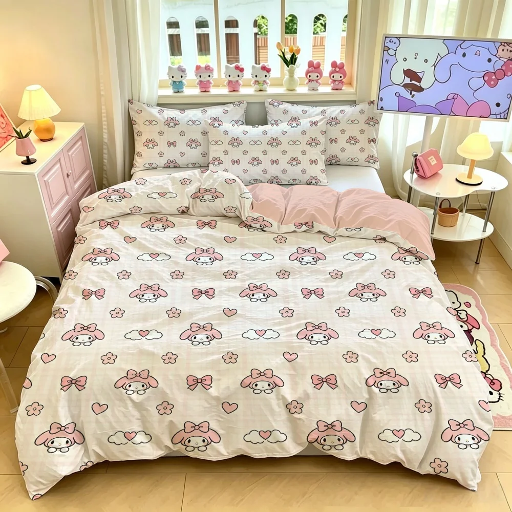 Sanrio Hello Kitty Cotton Bedding Set Double Size, Soft Duvet Cover with Pillowcase, Cute Cartoon Bed Linens for Girls Dorm Gift