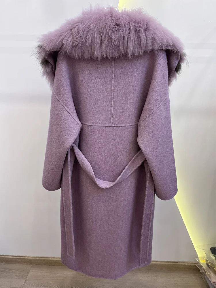 2025 mode hiver longue femmes laine cachemire mélangé manteau grand réel argent col de fourrure de renard veste de luxe avec ceinture vêtements d'extérieur