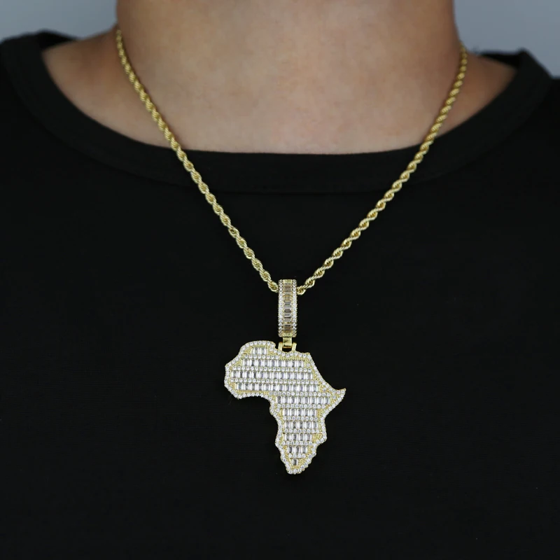 New Arrive Rectangle Cubic Zirconia CZ Paved Bling Africa Map Shaped Pendant Necklace Hip Hop Men Boy Cool Meaning Jewelry