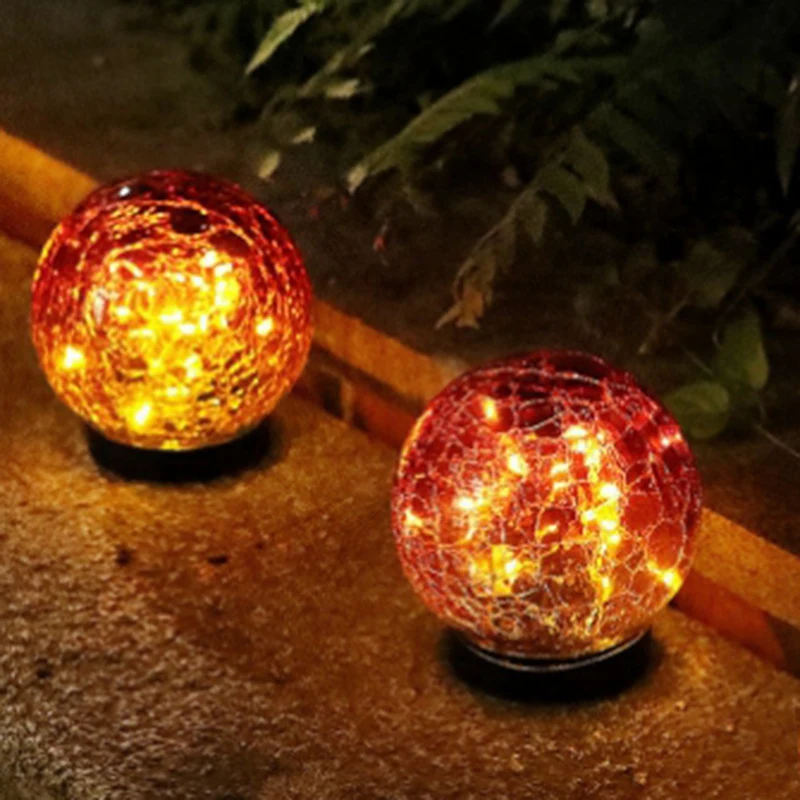 TKOH-2Pcs Solar Ball Lights Outdoor Garden Decor Cracked Glass Solar Lights Courtyard Decorative Pathway Courtyard Lawn