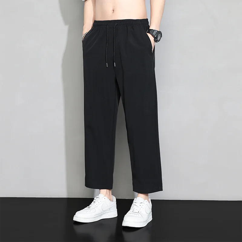 

Men Summer Ice Silk Thin Trousers Elastic Drawstring Leggings Overalls Men Sports Quick-drying Breathable Casual Daily Trousers