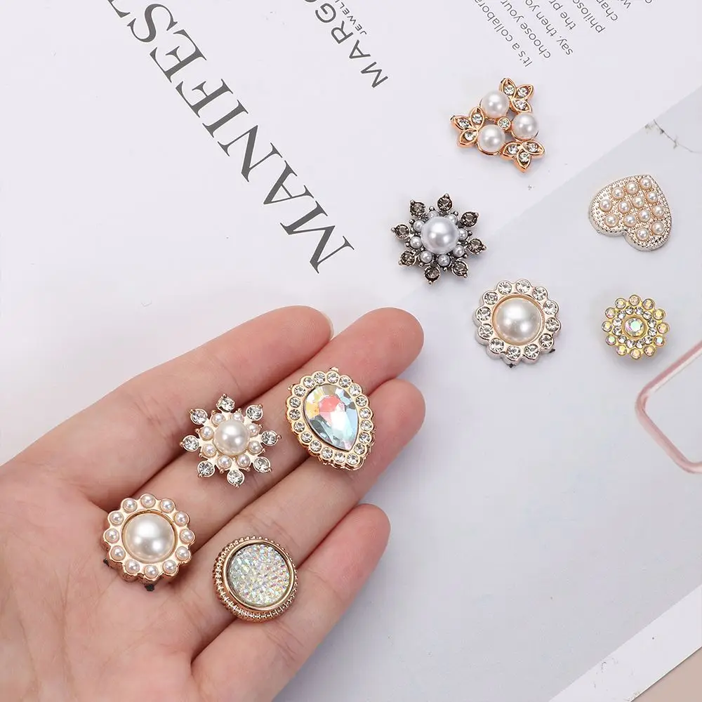 10PCS DIY Craft คริสตัลดอกไม้รูปไข่มุก Hairpins ปุ่ม Rhinestone เพิร์ลปุ่ม Headwear อุปกรณ์เสริม