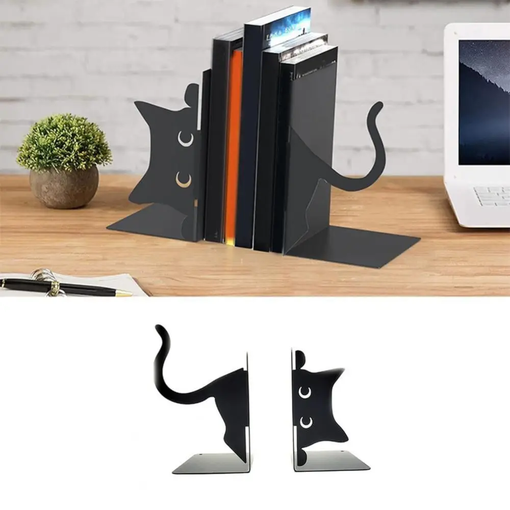 

Cute Whimsical Cat Design Metal Bookends Cartoon Decorative Book Holders Rounded Edges Black Cat Bookends Office