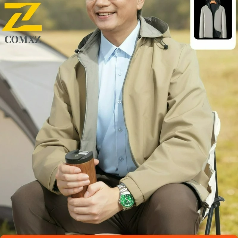 

COMXZ Men Jackets Stylish Casual Hooded Removable Cap Travel Camping Windbreaker Jacket Walking Versatile High Quality Coat