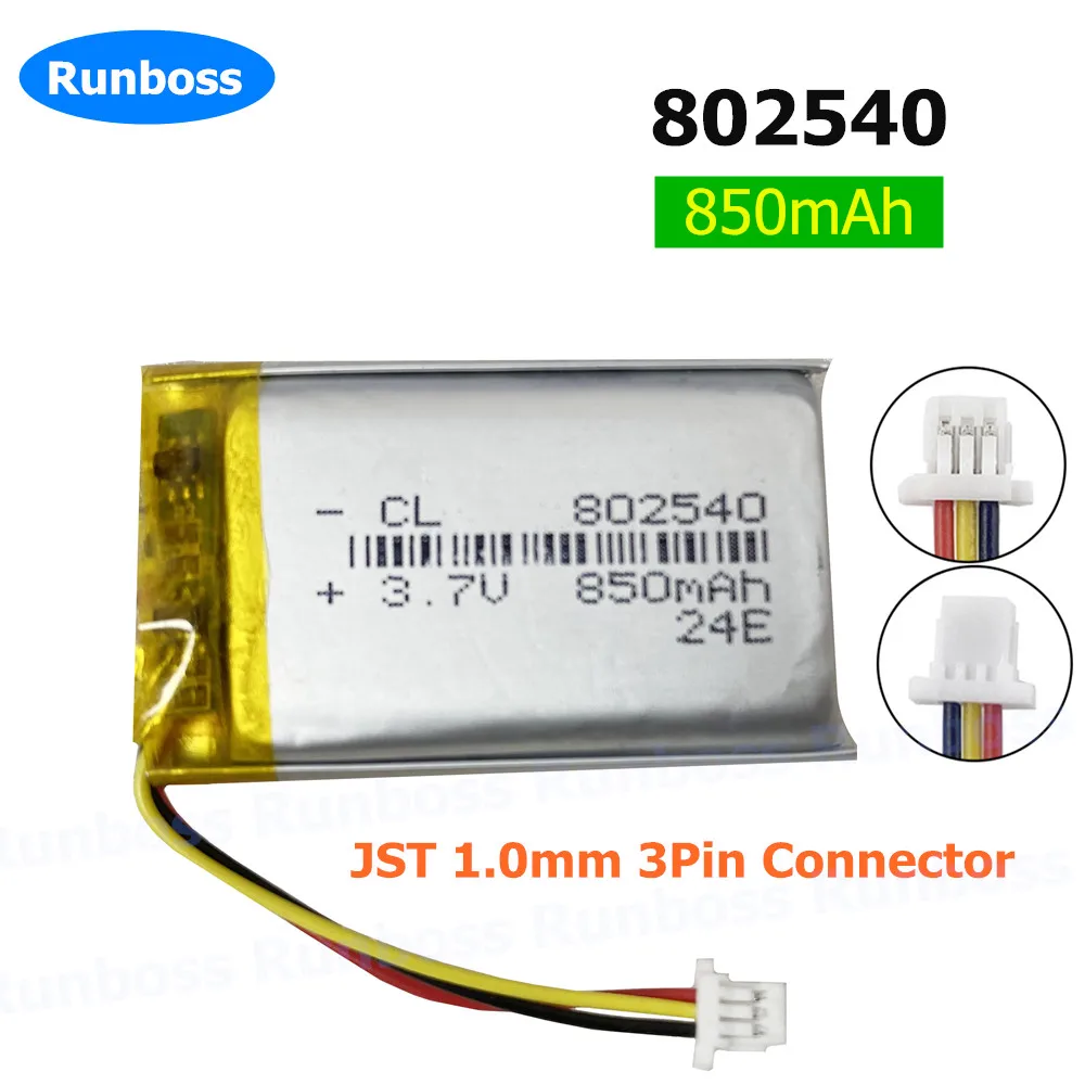 1-4PCS 3.7V 850mAh 3 Wire Thermistor Li LiPo Battery 802540 JST 3Pin 1.0mm Connector For GPS Car Camera Driving Recorder DashCam