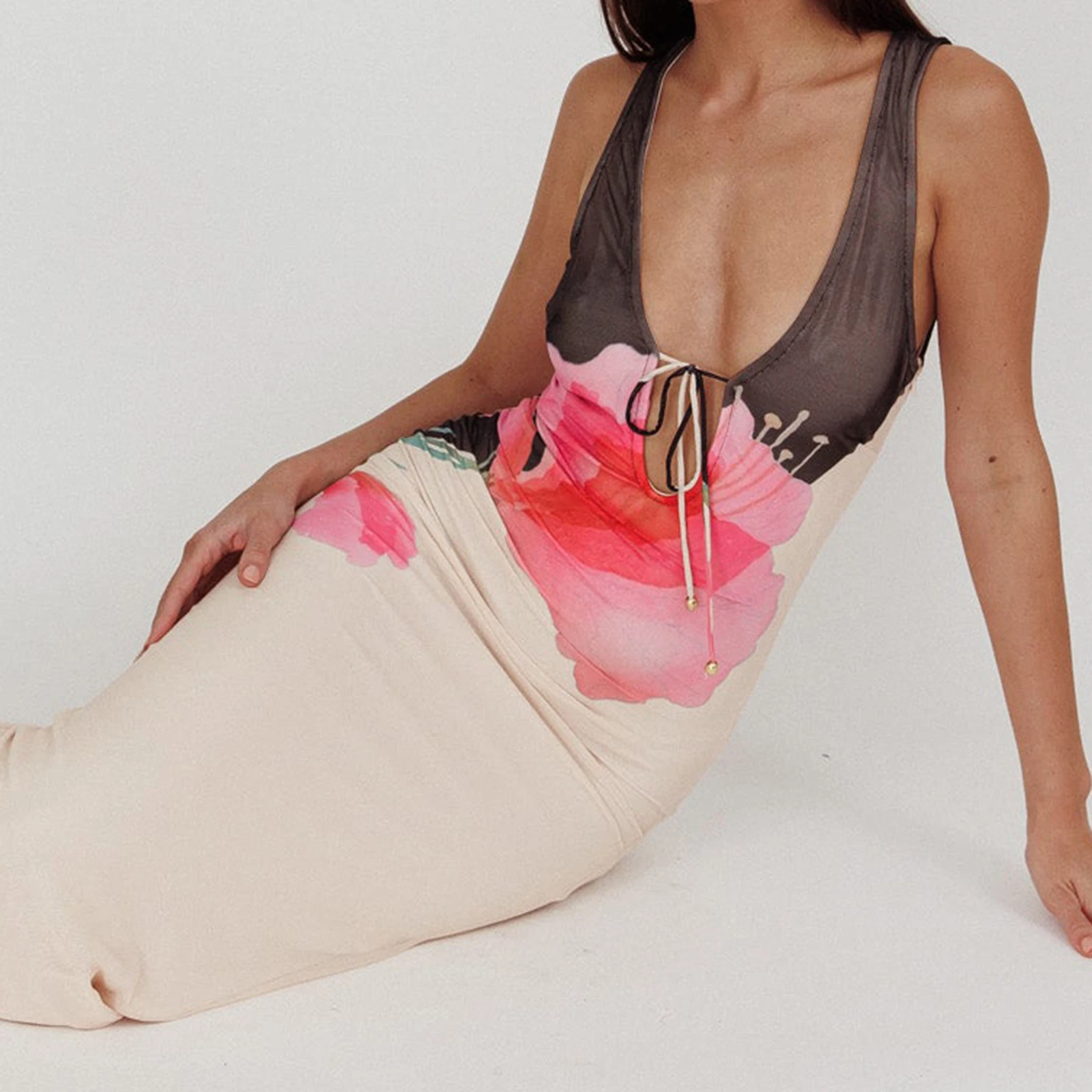 Women Summer Midi Dress Sleeveless Deep V Neck Floral Party Dress For Beach Vacation Outdoor Party Daily Wear Outdoor Streetwear