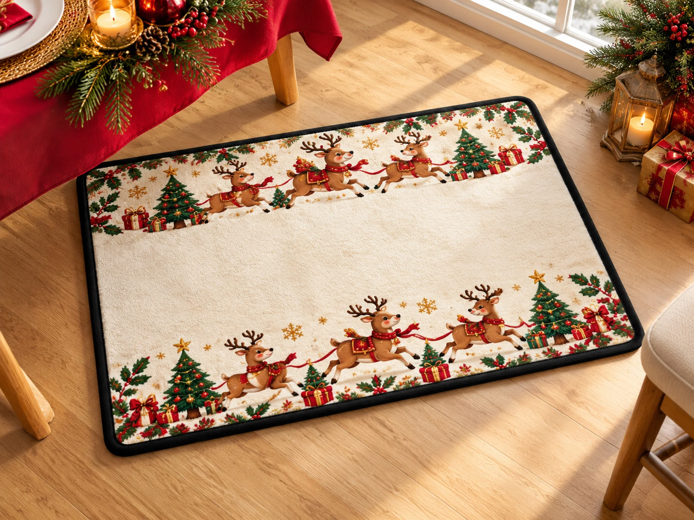 VIKAMA Christmas Red Gold Reindeer Flannel Door Mat, Quick Dry Non-Slip Floor Mat, Xmas Decor for Kitchen, Bathroom, Hallway