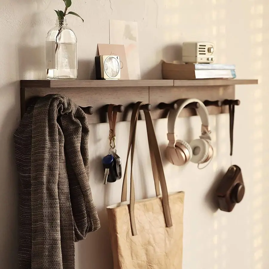 

Coat Rack Coat Hooks, WallMounted Wooden Hook Rack, WallMounted Shelves are Very Suitable Walnut Colored Finish2
