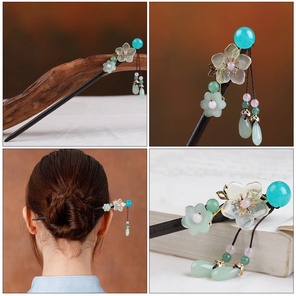 

Wooden Hairpin Accessories Chinese Style Vintage Headdress Retro Hair Chopstick Synthetic Glass Long Hair Durable Lightweight