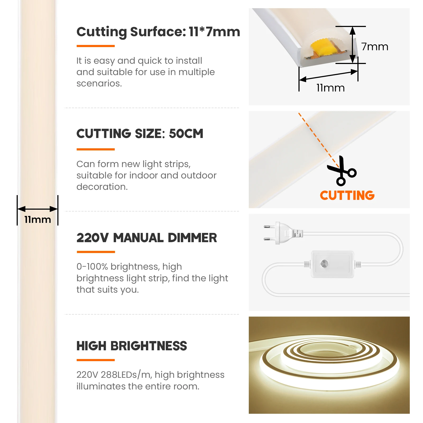 220v cob neon led luz de tira à prova dwaterproof água com dimmer/interruptor plug 288leds/m alta densidade flexível fita de néon iluminação linear 1-50m