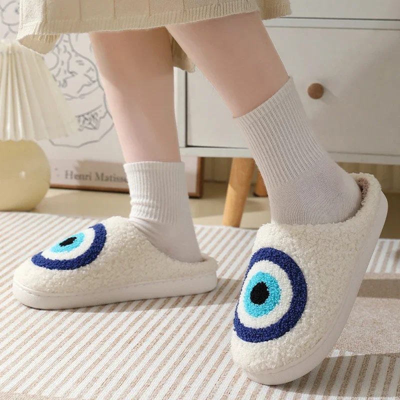 

Home Slipper Women Fuzzy Blue Evil Eye Winter Warm Kawaii Plush Indoor Floor Non Slip Men Male House Shoes Female 2024 New In