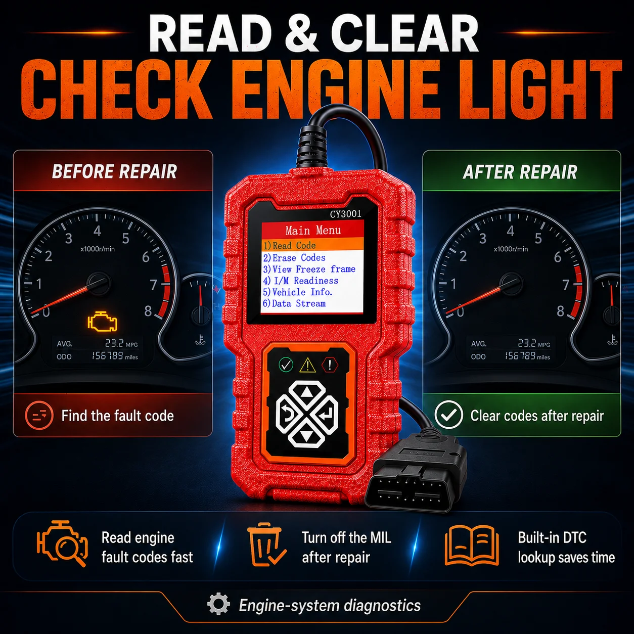 CY3001 OBD2 Car Scanner Engine Fault Code Reader, Automotive Diagnostic Tool with Live Data, I/M Readiness, Freeze Frame and Cod