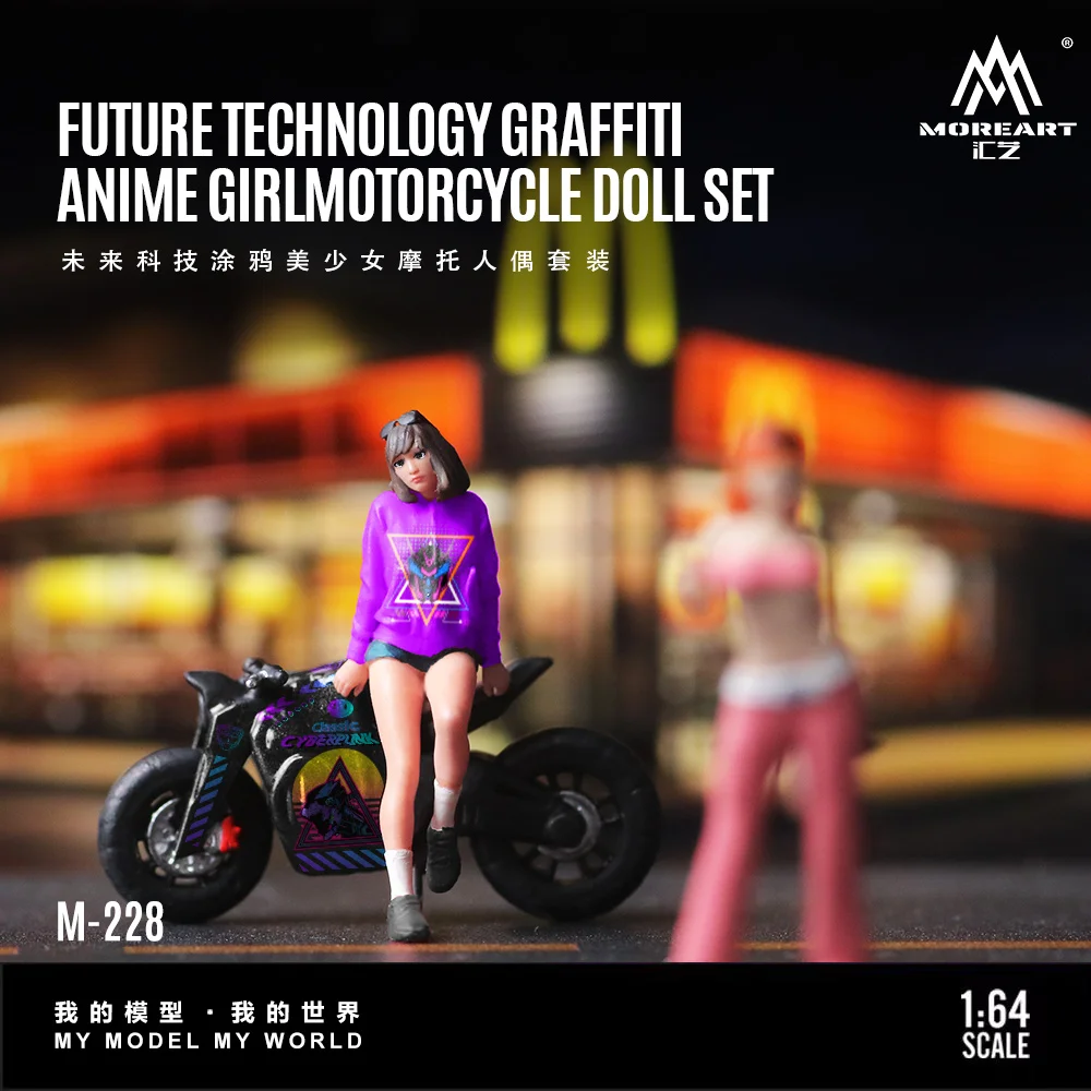 MoreArt 1:64 Future Technology Graffiti Cute Girl Motorcycle Doll Set Resin Model For Gift&Display&Collection