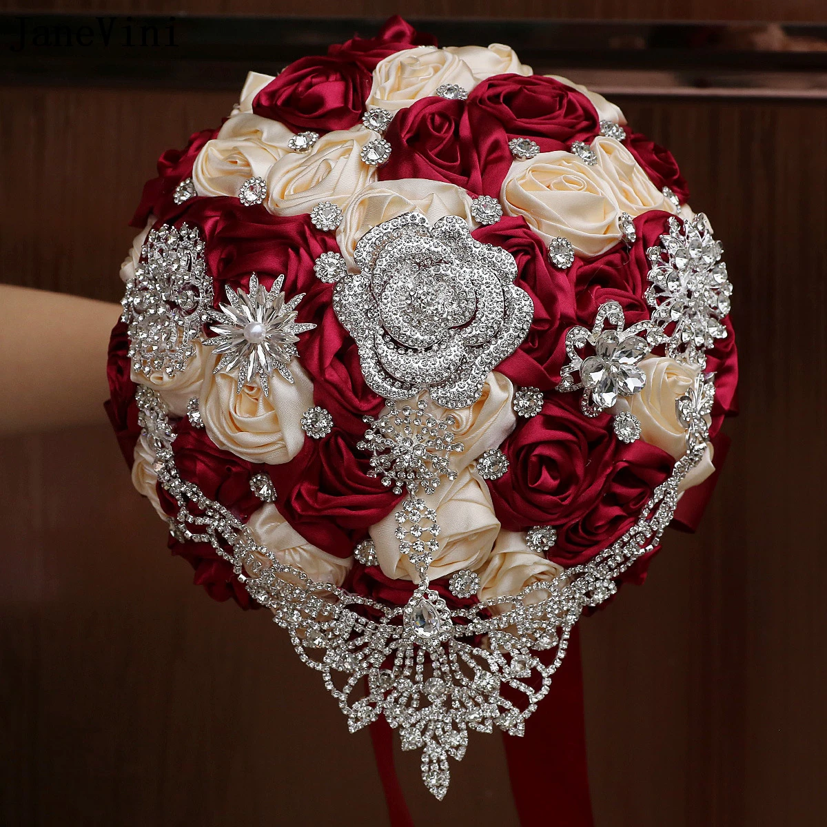 JaneVini Gorgeous Silver Rhinestone Dark Red Apricot Bridal Bouquets Artificial Satin Roses Wedding Bouquet Flower Ramo De Novia