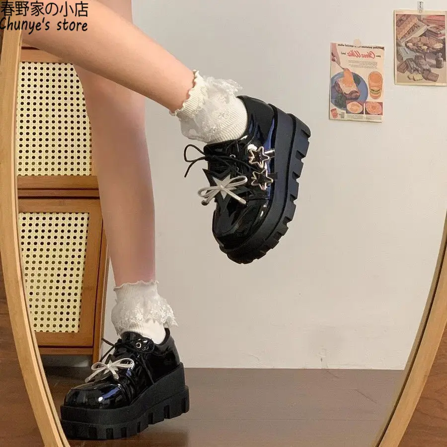 Platform Lace Up Loafers For Women Black Patent Jk Uniform Shoes Japanese Sweet Girl Lolita Style Single Shoes