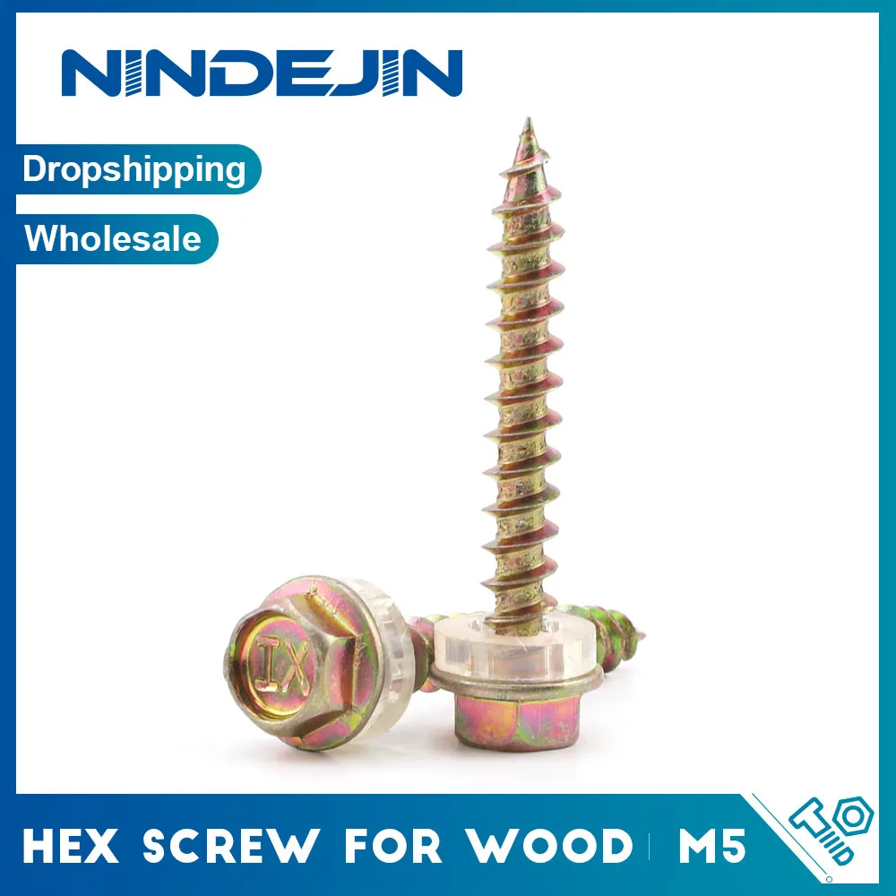 NINDEJIN 10pcs Hexagon Head Self Tapping Wood Screw Yellow Zinc Steel Hex Washer Head Rim Screw M5 Sheet Metal Screw