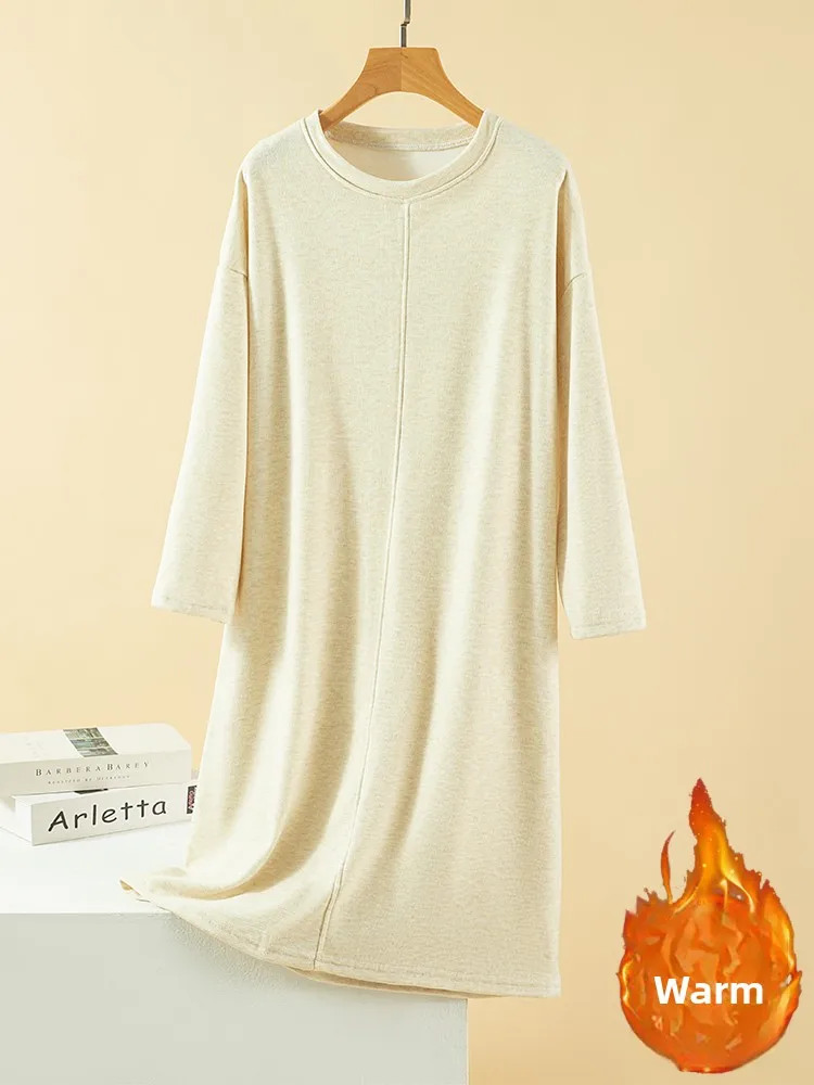 

Thiened Fce Winter Sp Dr Women's Casual Home Clothes Long Sve round Ne Pure Color plus Size Dr