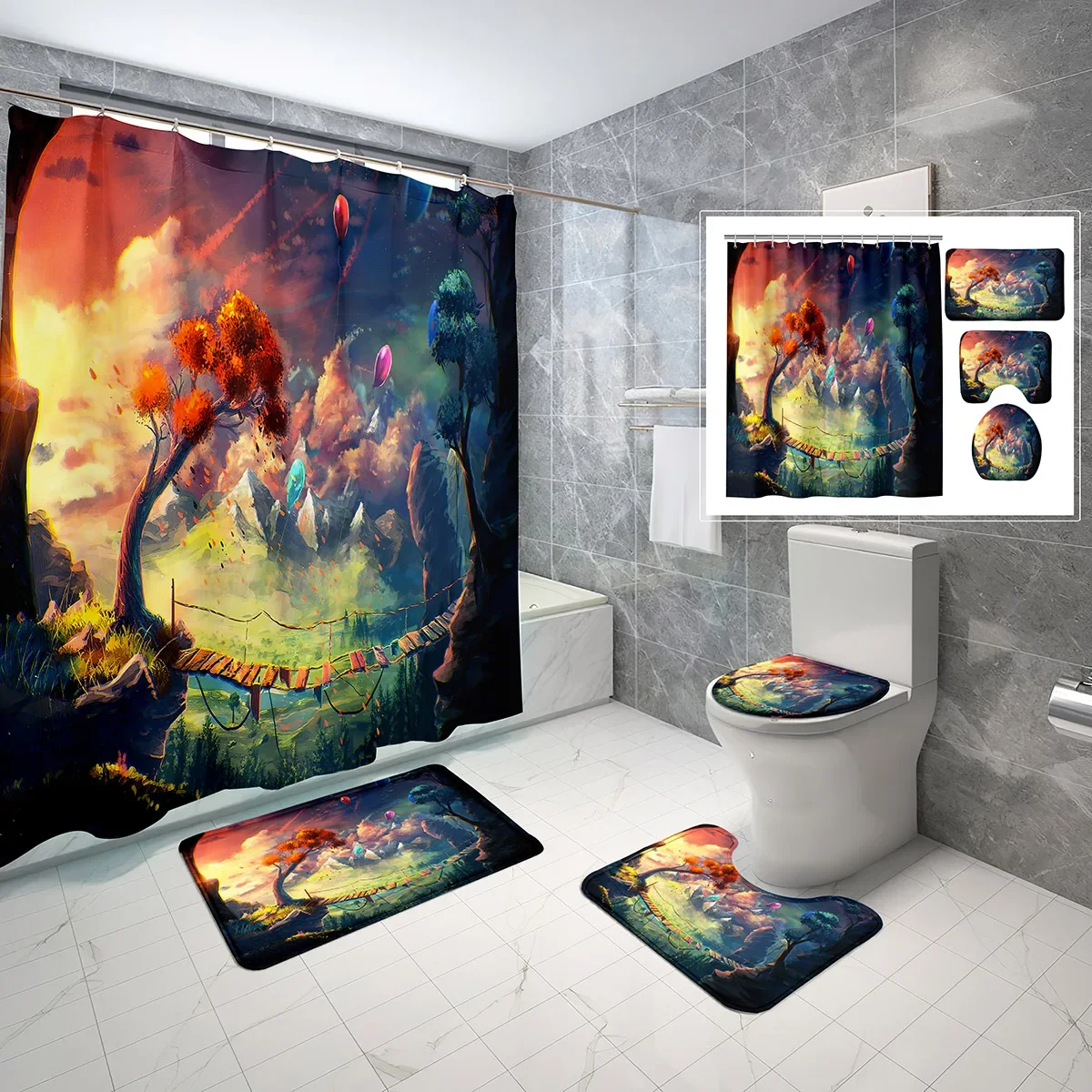 4 Pcs Fantasy World Shower Curtain Set Natural Scenery Tree Non-slip Bath Mat Toilet Lid Fabric Waterproof Shower Curtain Set