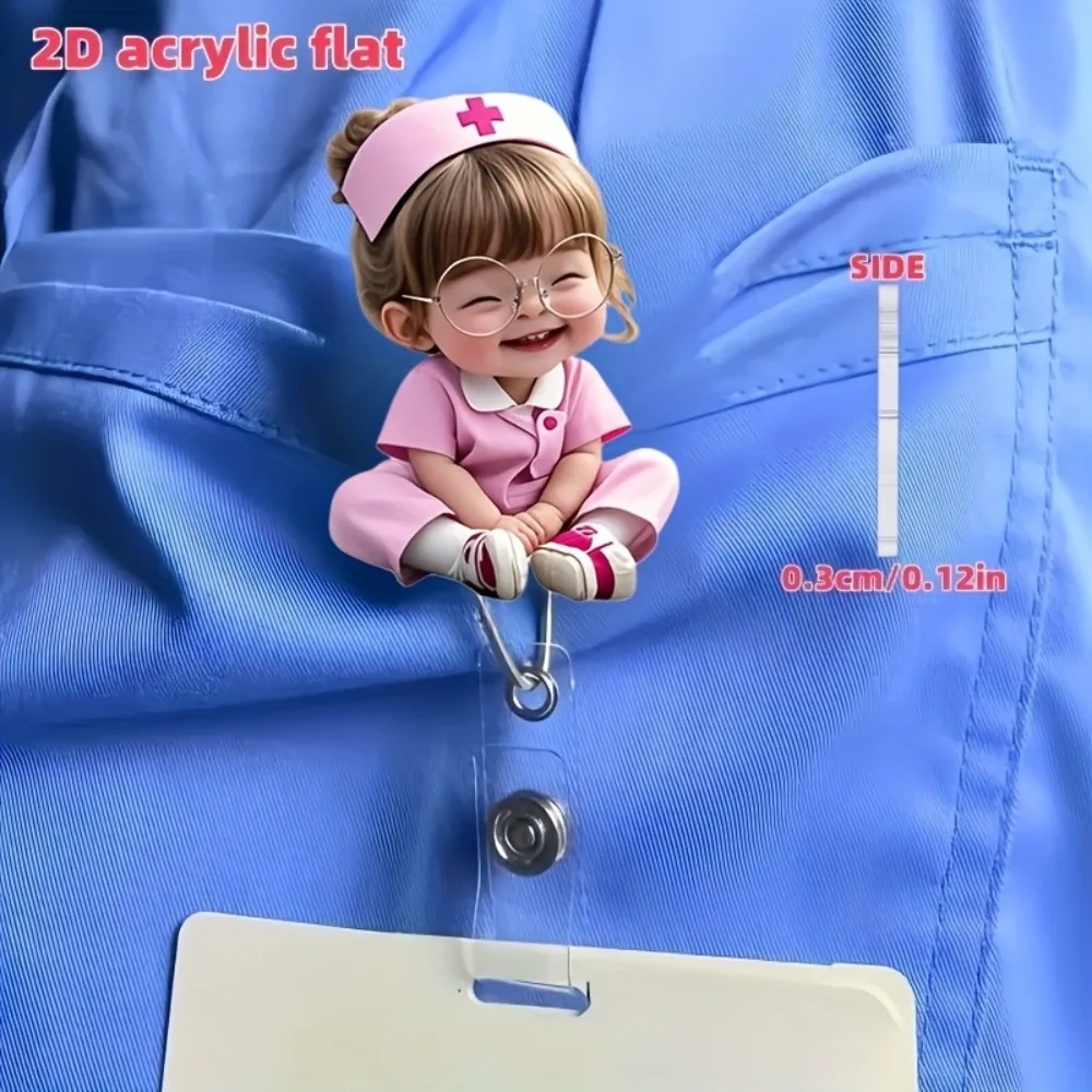 2D Flat, 1pc Cute Nurse Girl with Glasses Pattern Badge Scroll Holder, with Retractable Drawstring, Acrylic Nurse ID Clip