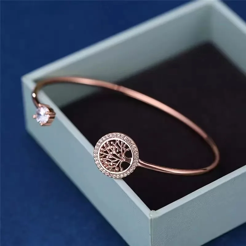 Fashion Tree of Life Open Bracelet for Women White Zircon Charm Gold Color Bangles Boho Jewelry Gift for Women Pulsera De Mujer