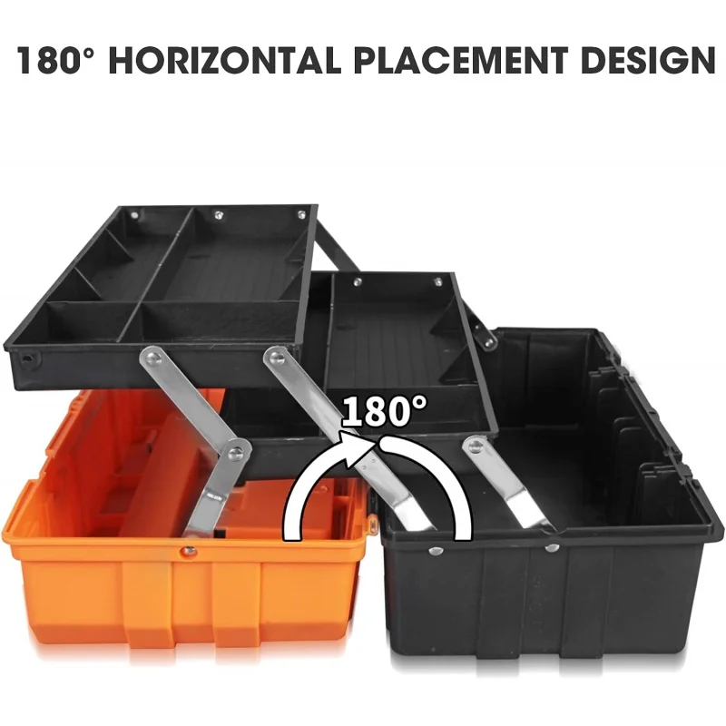 17-Inch Plastic Tool Box,3-Tiers Multi-Function Storage Portable Toolbox Organizer, Black/Orange ATRJH-3430T