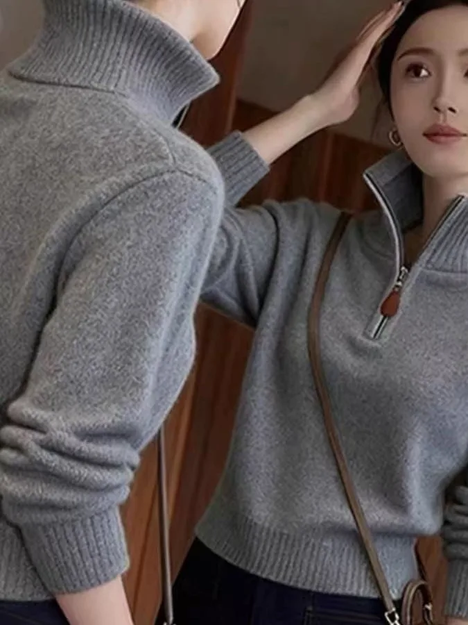 Oule Blanco Cuello alto Base de punto irt Mujer Color Blo f Zip Camiseta larga Sve Mezcla de poliéster suave Camere