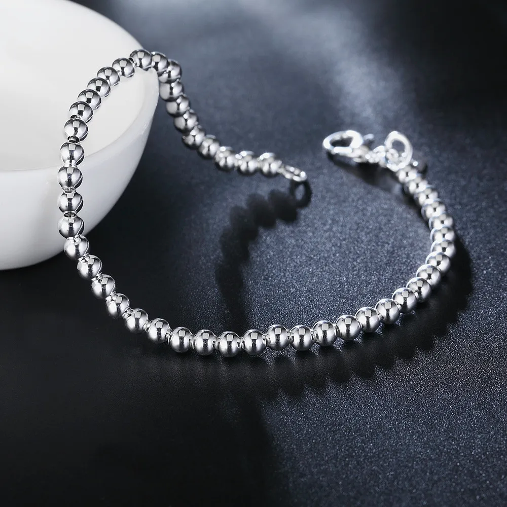 

Luxury 925 Sterling Silver 8 Inches 4MM Smooth Bead Chain Bracelet For Women Fashion Wedding Party Jewelry Gift Accessories