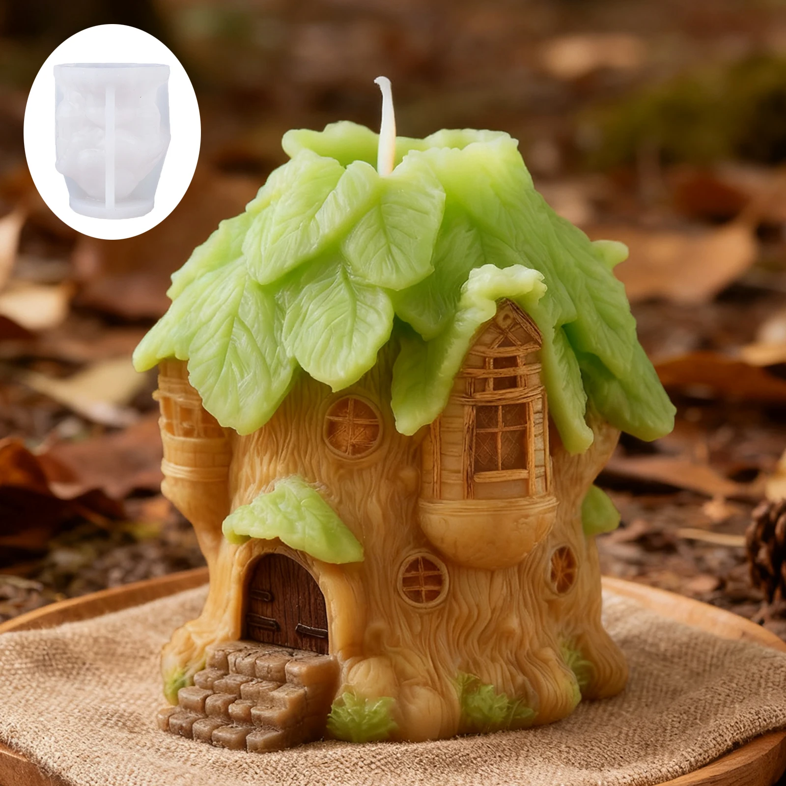 Baumhaus-Kerzenform mit Waldmotiv, 3D-Baumhaus-Handwerk, hausgemachte märchenhafte Duftkerzen, eine heilende Ecke mit Waldmotiv für