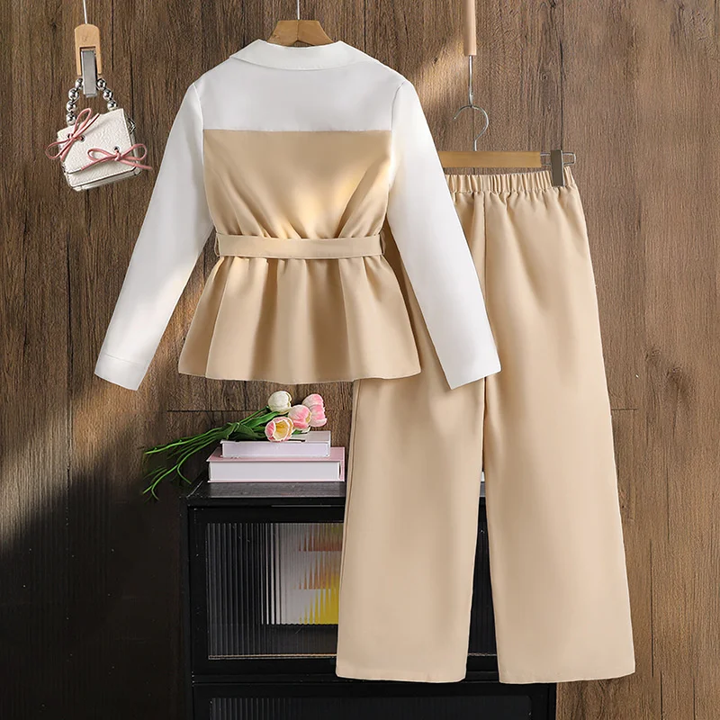 Girls Spring Casual Suits Kids Autumn Fashion Long Sleeve Top+Pants 2Pc Outfits Children Simple Formal Speech Clothes Set