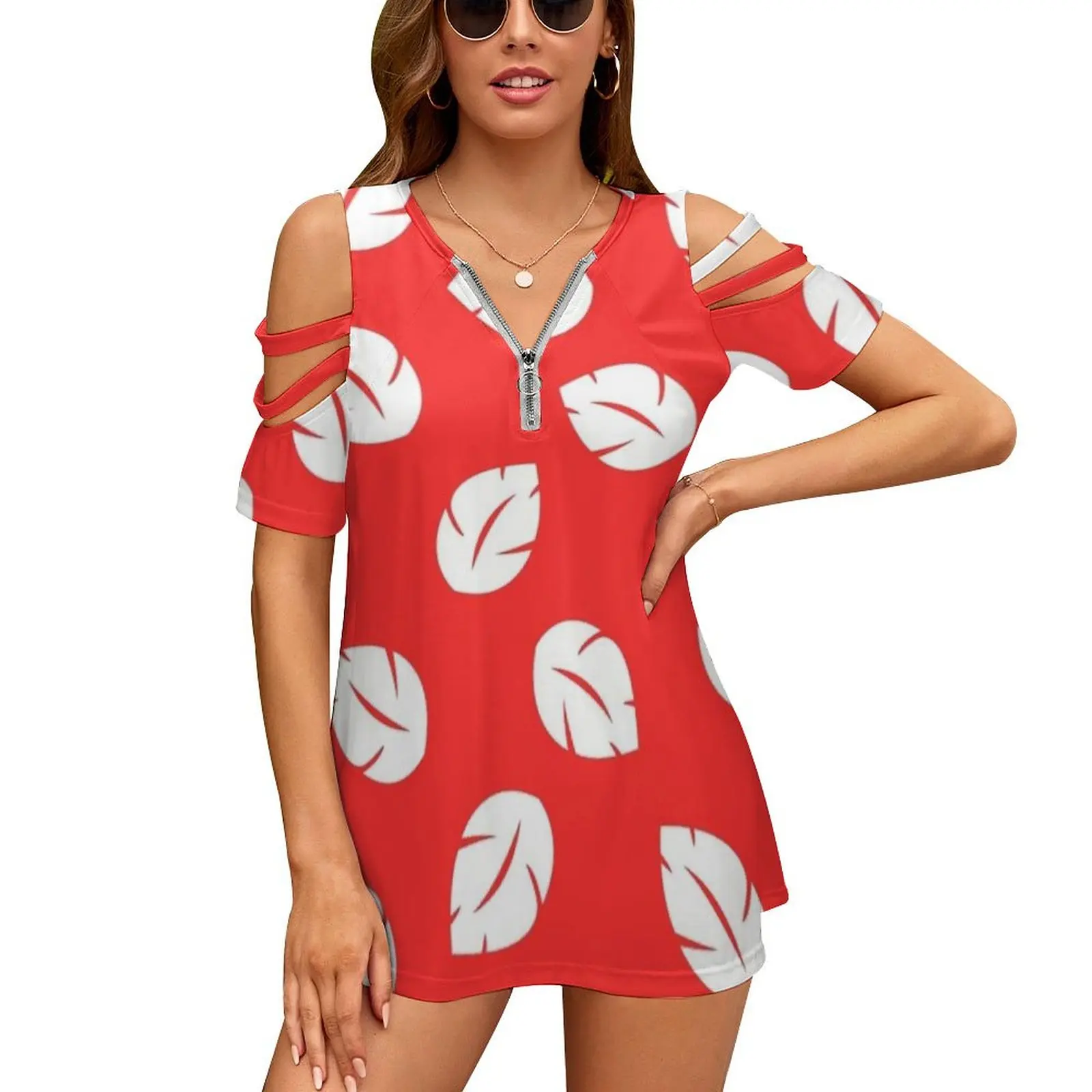 Lilo Dress New Fashion Zip Off Shoulder Top Short-Sleeve Women Shirt Hawaii Lilo Red Leaf