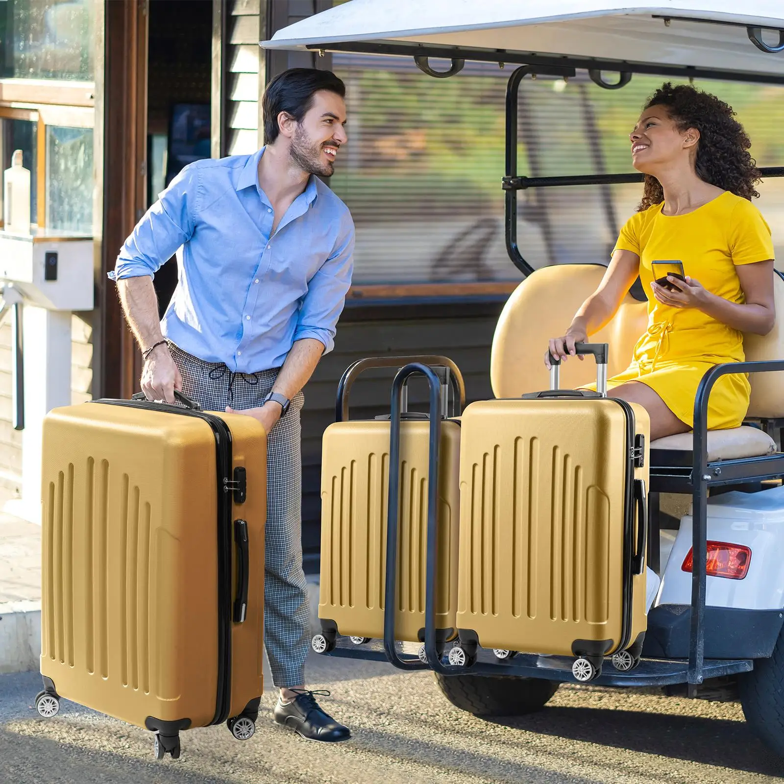 Valise Trolley Courbée à Rayures Verticales, Jaune Moutarde, 4 en 1