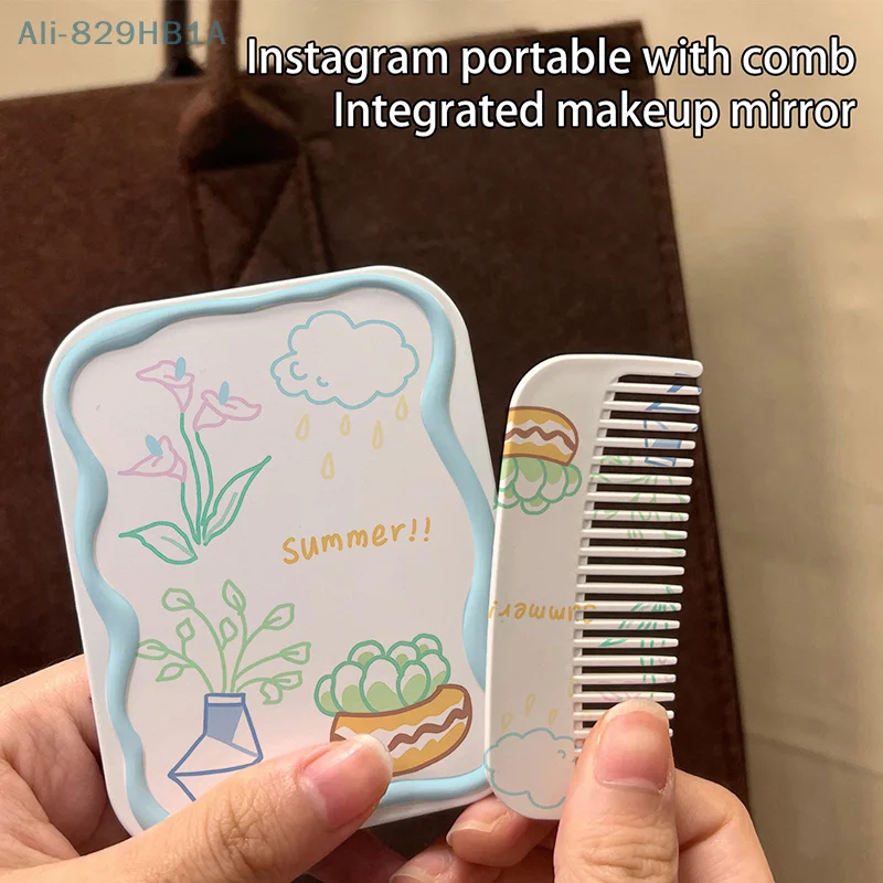 Cute Cartoon Botany Folding Clamshell Mirror Makeup Mirror With Comb Portable Creative For Women Girls Handheld Mirror ﻿