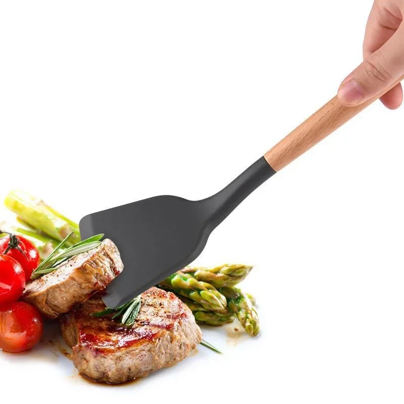 Non Stick Silicone Cooking Spatula Long Wooden Handle Turner Flexible Kitchenware Egg Fish Frying Shovel Home Kitchen Utensils