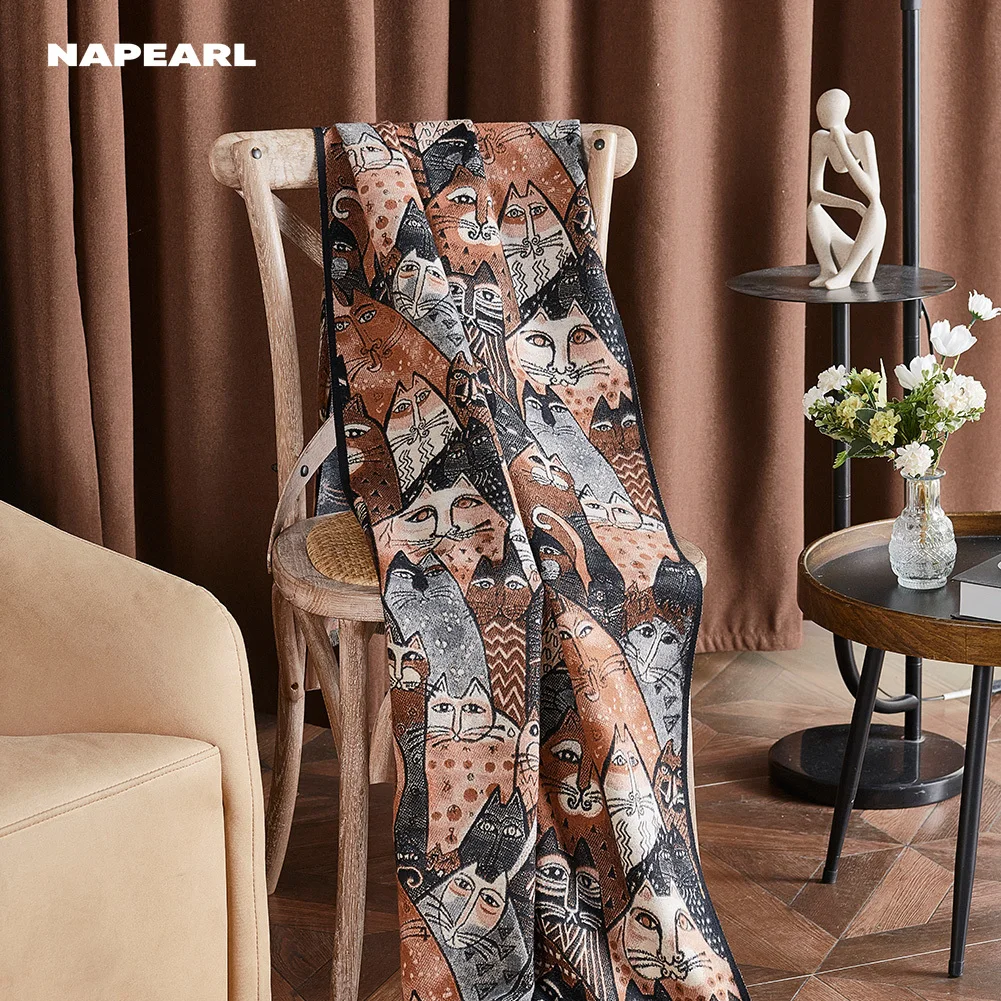 Vintage Boho Cat Pattern Throw Blanket for Living Room Soft Woven Tapestry Lightweight All Season Blanket