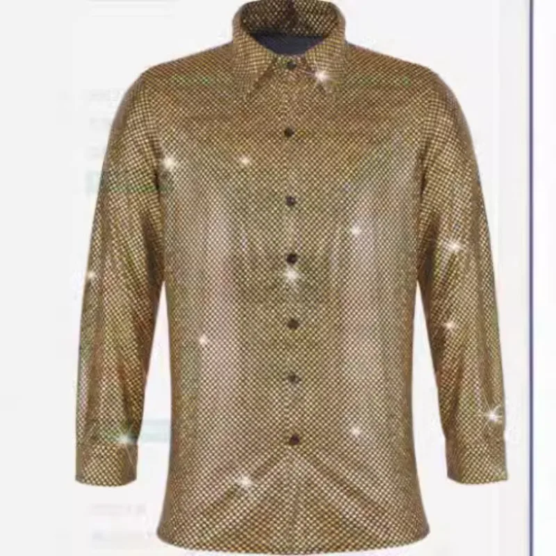 New Men's Disco Clothing Polka Dot Bronzing Laser Printing Long-sleeved Button-down Shirt